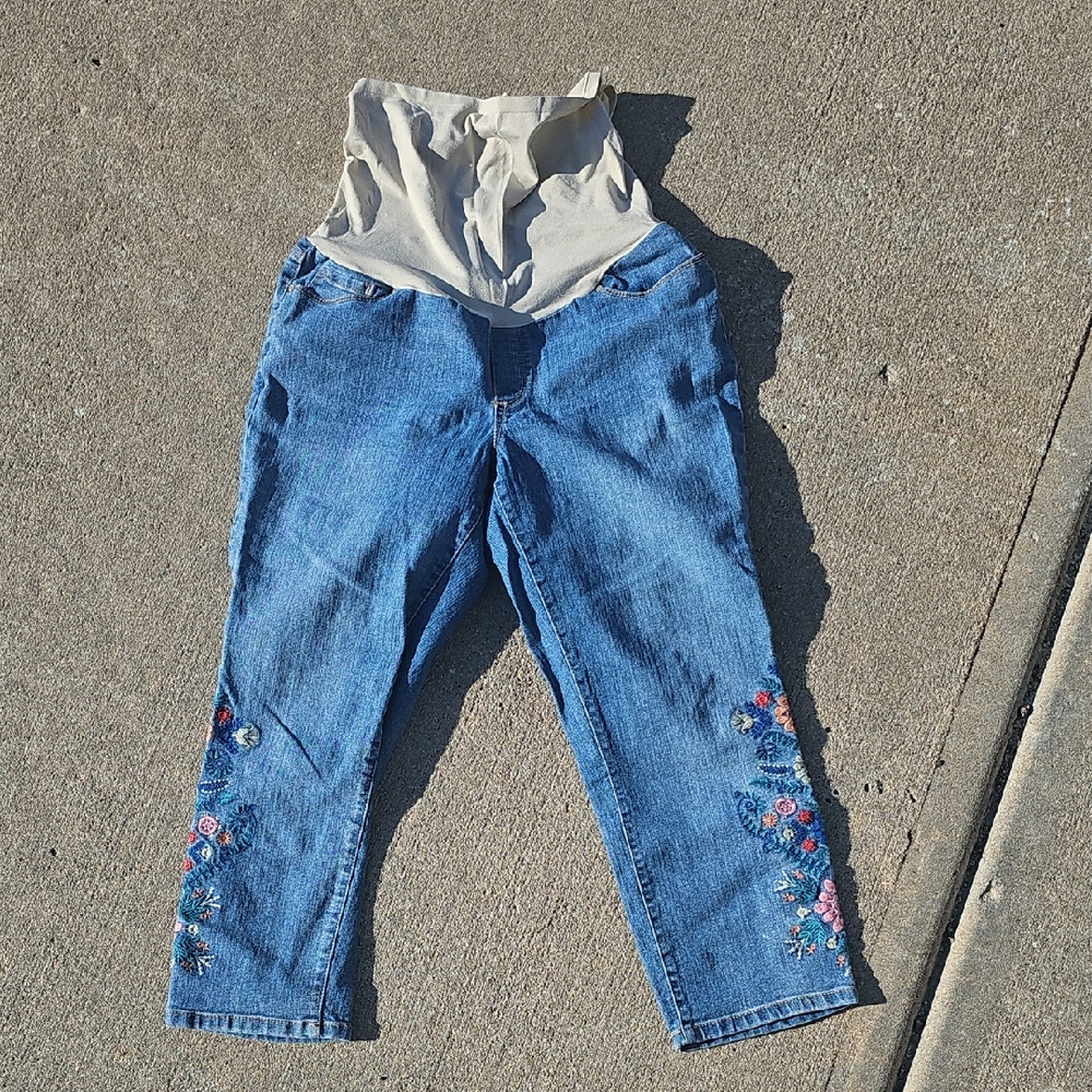 Floral Embroidered Maternity Blue Jeans